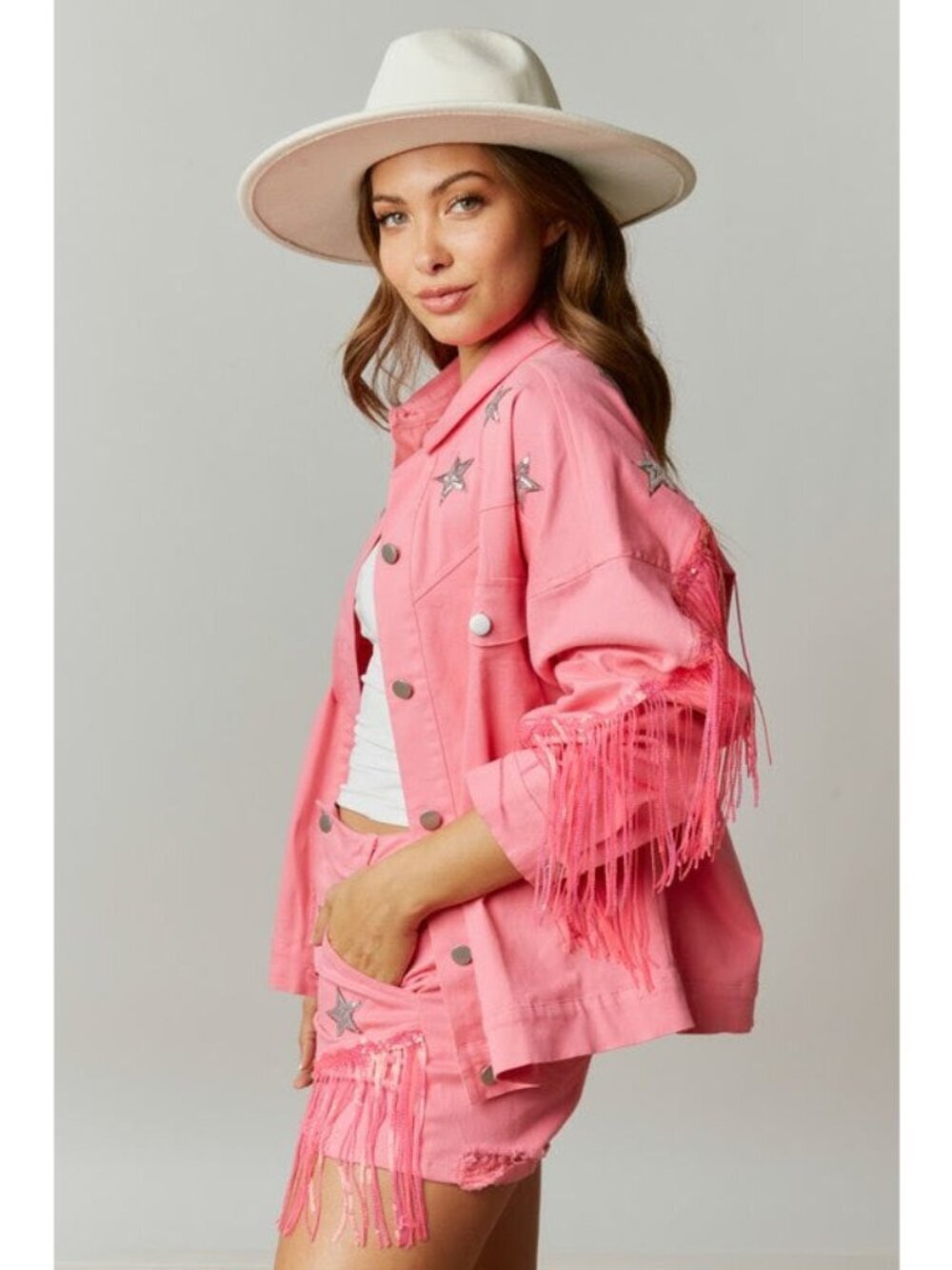 Western Diva Star Sequin Patch Fringe Jacket in Pink - Picture 4 of 9